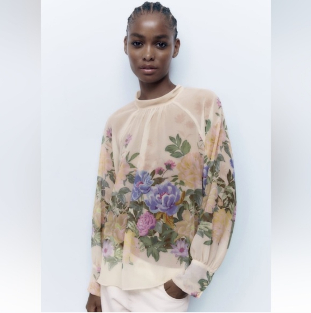 Zara Sheer Blouse - Cream with Multicolor Floral Pattern